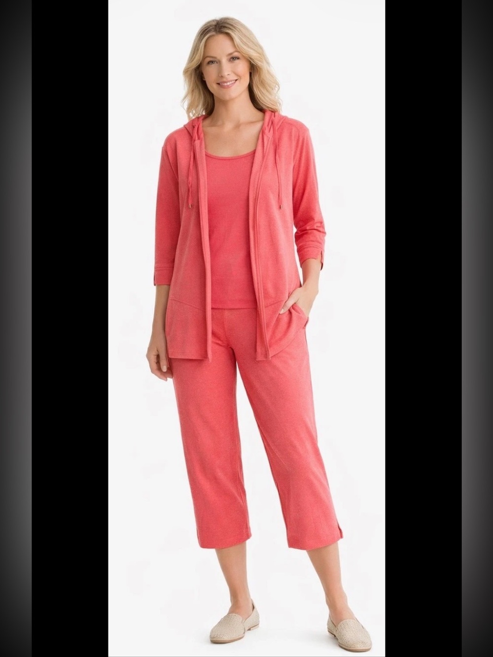 Weekends By Chicos 2 Pc Set Capri Sz 0~Light Open Hooded Sweater Sz 1 Pink/Coral